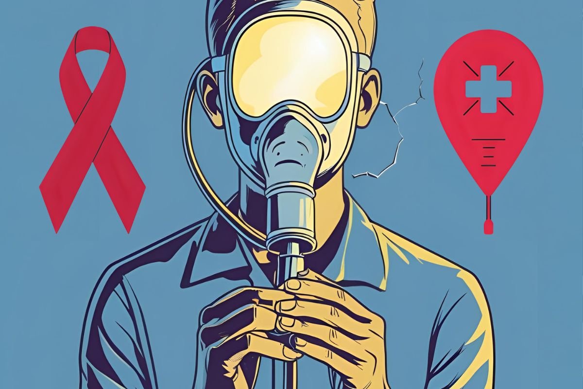 Uma pessoa usando uma máscara de gás, com uma fita vermelha de conscientização da AIDS e um balão de primeiros socorros ao redor. A máscara de gás sugere a metáfora do título, mostrando que as máscaras de oxigênio precisam ser usadas ativamente na luta.