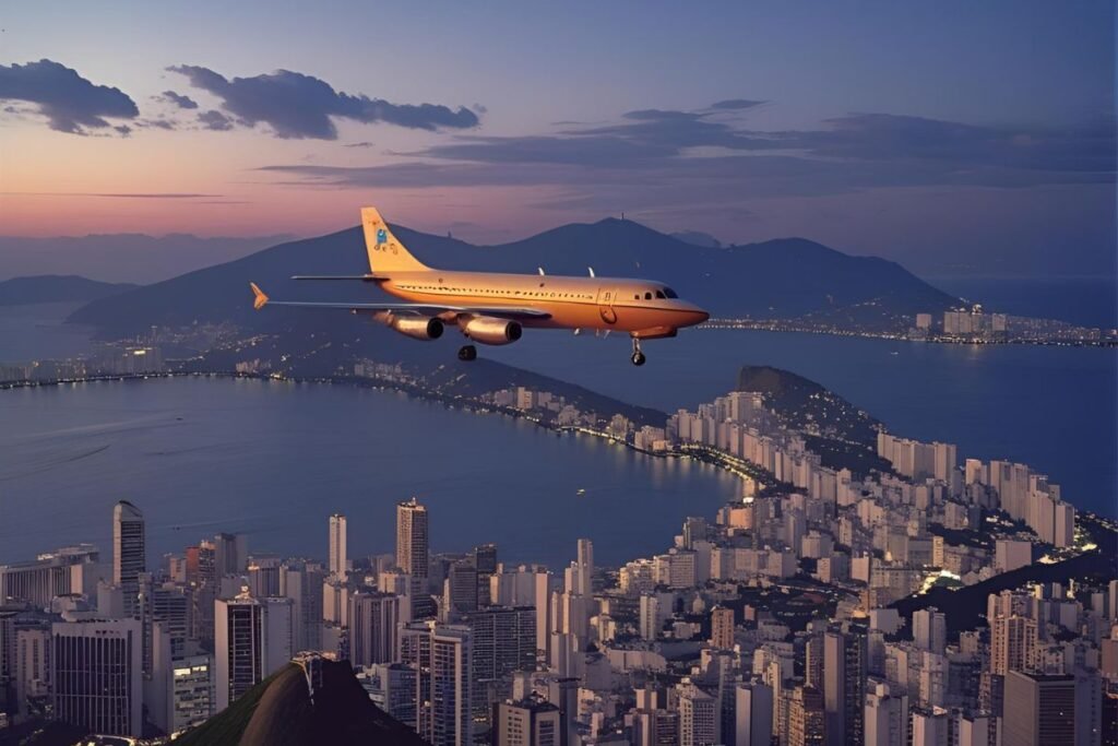 Um avião de passageiros sobrevoa o Rio de Janeiro ao anoitecer, com as luzes da cidade acesas, simbolizando o caminho de esperança que a equipe da série "Máscaras de Oxigênio Não Cairão Automaticamente" criou.
